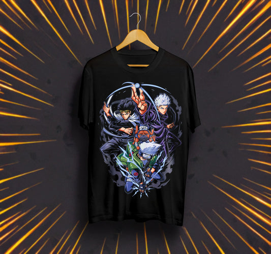 Унисекс тениска – Naruto & Jujutsu Kaisen & My Hero Academia (Kakashi, Gojo & All Might)